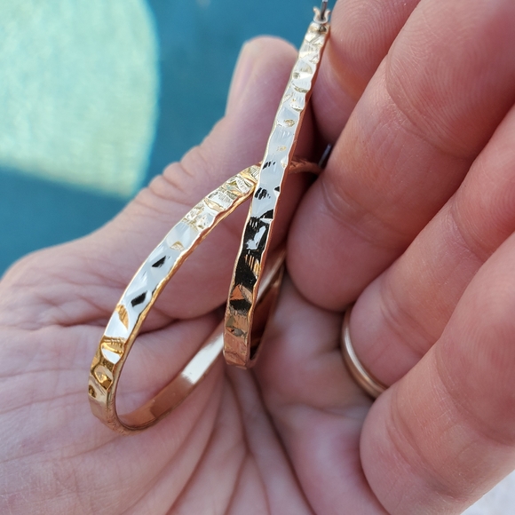 Tahari Gold Hammered Oblong Hoops Hoop Earrings - Picture 7 of 11